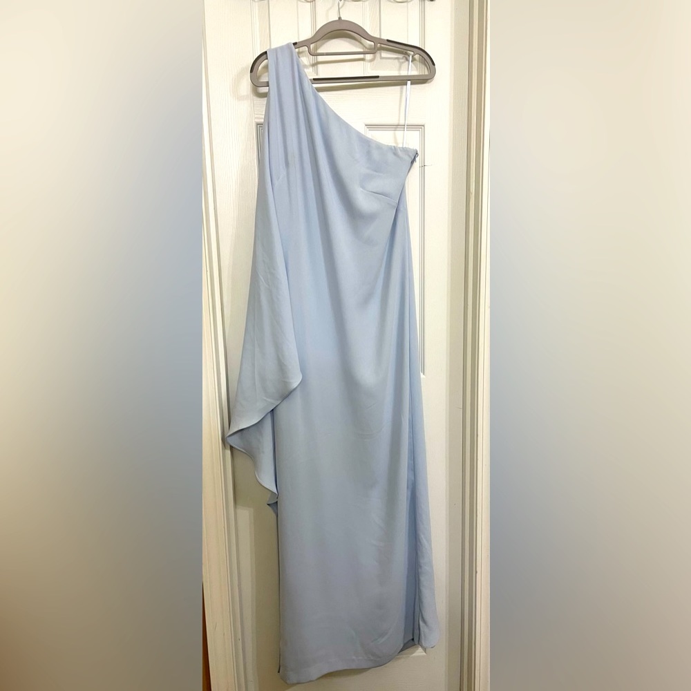 One shoulder light blue gown